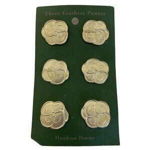 VTG Set of 6 Three Feathers Handcast Fine Pewter Buttons Flower Reenactment